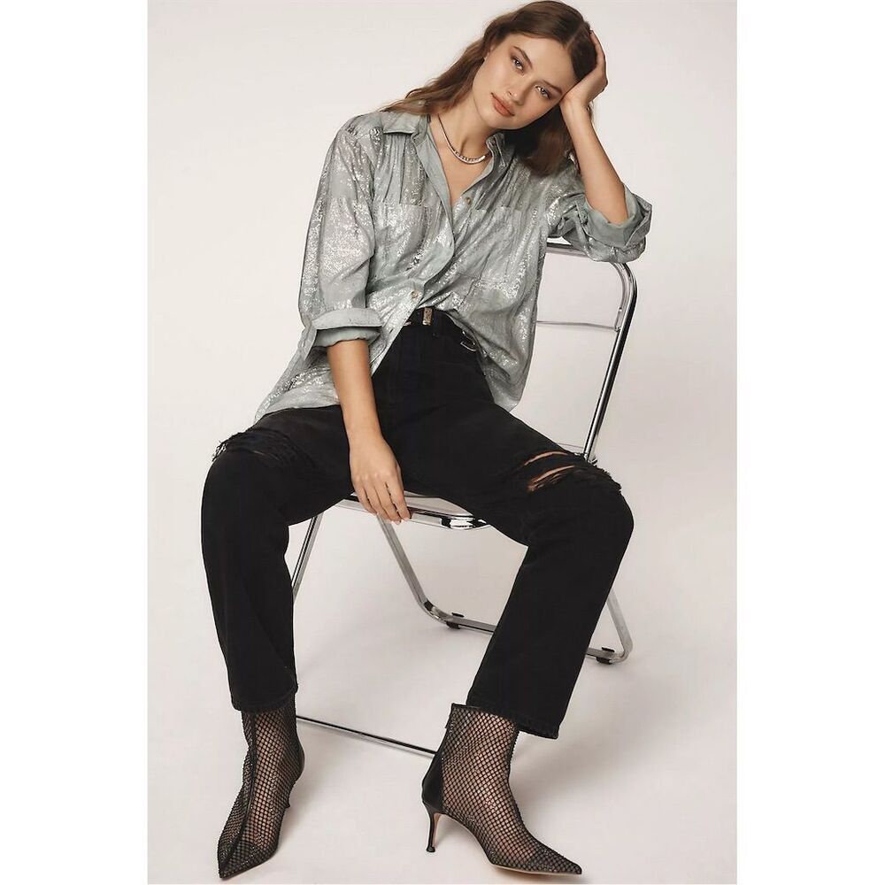 NWT Anthropologie Pilcro Foil Shine Buttondown Shirt Oversized XXS - Picture 10 of 10